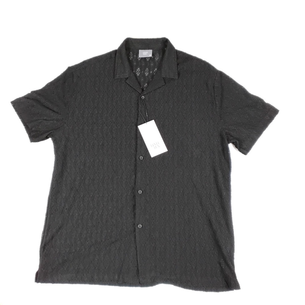 Level Ten Originals Mens M Black Lace Shirt Sheer Textured SS Button Up